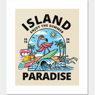 Island Paradise Flamingo  Surfing Beach Posters and Art